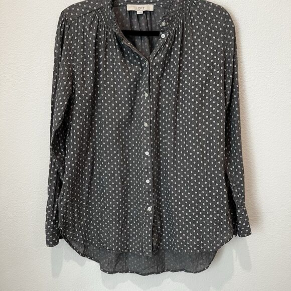 Ann Taylor LOFT Castlerock Gray Polka Dotted Ruffle Collar Shirt, Size M - Picture 2 of 7